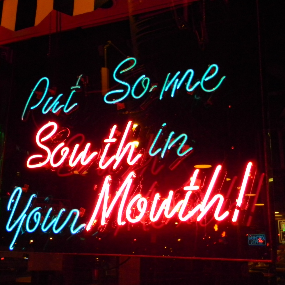 Neon sign saying "put some south in your mouth"